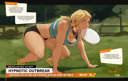 all_fours blonde_hair cleavage clothed collar darkhatboy dialogue dog_girl english_text femsub heart orange_eyes original outdoors pet_play ponytail shoes spiral spiral_eyes sports_bra sports_briefs sportswear symbol_in_eyes text thighs