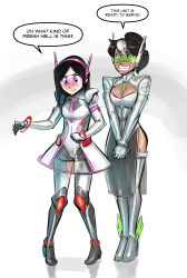  /co/lette absurdres antenna black_hair boots breasts cleavage cleavage_cutout dark_skin femsub gloves happy_trance headphones high_heels humor large_breasts long_hair multicolored_hair opera_gloves original ponytail psuedonym robot robotization standing standing_at_attention suzie_(psuedonym) tech_control text thigh_boots thighhighs transformation visor white_hair 