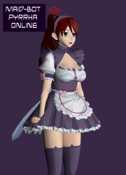 3d absurdres antenna cleavage cleavage_cutout clothed cuffs dress english_text female_only femsub green_eyes heart long_hair maid ponytail pyrrha_nikos red_hair ribbon rwby simple_background skirt solo tech_control tepmarmy text thighhighs