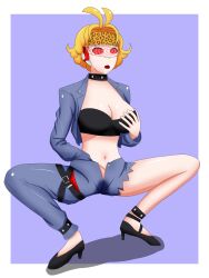 ahoge blonde_hair choker cleavage dazed drool evolution_worlds femsub headband high_heels holding_breasts hypnotic_accessory jacket jeans large_breasts masturbation navel open_mouth pepper_box soex spiral_eyes spread_legs squatting torn_clothes visor 