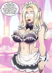  absurdres blonde_hair bow_tie cleavage cuffs dialogue expressionless female_only femsub glowing_eyes large_breasts lipstick long_hair maid maid_headdress maledom navel original red_lipstick short_skirt skirt speech_bubble standing standing_at_attention text whitewash_eyes zorro-zero 