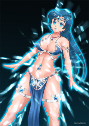 blue_hair breasts cleavage earrings empty_eyes expressionless female_only gradient_background hadant harem_outfit jewelry large_breasts lipstick loincloth long_hair makeup navel_piercing necklace piercing sailor_mercury sailor_moon_(series) signature simple_background solo transformation watermark