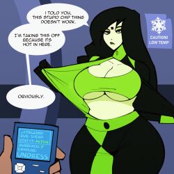  altered_common_sense animated animated_gif black_hair bra breasts cdlum cleavage collarbone denial dialogue femsub green_skin huge_breasts kim_possible_(series) maledom microchip pov pov_dom shego speech_bubble tech_control text unaware underboob undressing very_long_hair 