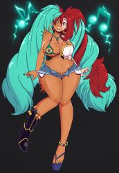 bikini bikini_top blue_eyes blue_hair brazilian_miku clothed earrings female_only femsub jean_shorts jeans latina long_hair miku_hatsune necklace race_change red_eyes red_hair serena_(goldnightangel) shorts solo tan_skin transformation twintails vocaloid wrenzephyr2