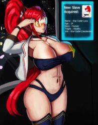  absurdres blue_eyes blush boots breasts choker cleavage empty_eyes erect_nipples erect_nipples_under_clothes female_only femsub foolycooly gurren_lagann huge_breasts hypnotic_accessory long_hair midriff mole navel open_mouth open_shirt original ponytail red_hair saluting shirt solo spiral standing standing_at_attention star_cadet_luna_(foolycooly) tech_control text thigh_boots thighhighs very_long_hair visor yoko_littner 