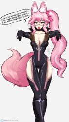  choker dazed dialogue english_text expressionless fate/grand_order fate_(series) female_only femsub fox_ears fox_girl fox_tail glasses koyanskaya latex long_hair pink_hair ponytail simple_background speech_bubble tail text thigh_gap tongue_out transparenttexture white_background zipper zombie_walk 