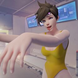  3d ahegao brown_hair complex_background dazed female_only femsub happy_trance hypnotic_accessory leotard microchip open_mouth overwatch purple_eyes solo spllcstr tech_control tongue tongue_out tracer zombie_walk 
