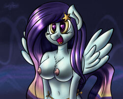 breasts drool femsub furry happy_trance heart heart_eyes horse_girl large_breasts multicolored_hair my_little_pony open_mouth original pegasus_girl purple_hair spiral_eyes swirlyponies symbol_in_eyes topless wings