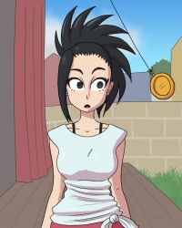  black_eyes black_hair clothed collarbone empty_eyes expressionless female_only femsub long_hair momo_yaoyorozu my_hero_academia mythkaz open_mouth outdoors pendulum solo standing tank_top 