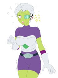  alien_girl armor blush breasts cheelai dazed dragon_ball dragon_ball_super earpiece femsub gloves green_skin hypnotic_accessory large_breasts open_mouth plsgts short_hair solo spiral_eyes surprised symbol_in_eyes tech_control white_background white_hair 