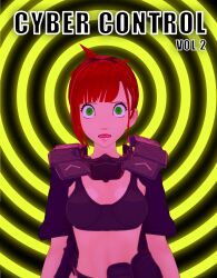  3d bangs comic cover empty_eyes expressionless female_only femsub green_eyes hypnosss navel open_mouth red_hair short_hair simple_background solo source_request spiral_background sports_bra standing straight-cut_bangs tagme text 