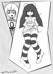 absurdres breasts empty_eyes greyscale happy_trance large_breasts long_hair lying panties panty_and_stocking_with_garterbelt pendulum ribbon sixxxoh skirt skirt_lift spiral_eyes stocking surprised symbol_in_eyes thighhighs underwear