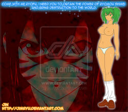 breasts empty_eyes expressionless femsub green_hair housen_ryofu ikki_tousen jimryu large_breasts leg_warmers panties shoes short_hair standing standing_at_attention text topless twintails underwear