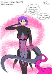 bodysuit cosplay dialogue eve_(poppetkisses) femsub hypnotic_gas hypnovember metroid_(series) nintendo original pheromones pokemon purple_eyes purple_hair sage_of_shadows salazzle samus_aran text