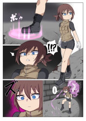 bike_shorts blue_eyes boots breasts brown_hair cerbera_(hdoom) comic doom_(series) female_only femsub fire_breath01 gloves hdoom ponytail possession short_hair small_breasts speech_bubble text translation_request