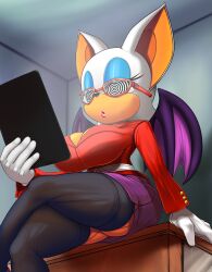 bat_girl bat_wings belt breasts cleavage female_only femsub furry glasses gloves hypnotic_accessory hypnotic_screen large_breasts manip miniskirt rouge_the_bat skirt solo sonic_the_hedgehog_(series) spiral_eyes symbol_in_eyes tech_control thighhighs tiechonortheal_(manipper) wings
