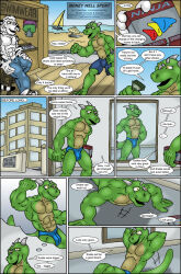 abs bare_legs comic cyberklaw exercise flexing furry green_skin happy_trance himbo himbofication horns hypnotic_clothing lizard_boy male_only malesub muscle_boy original speedo text thought_bubble tiger_boy topless