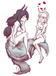 ahri_(league_of_legends) animal_ears artist_request black_hair bottomless breasts charm_(spell) female_only femdom femsub fox_girl heart kitsune_girl league_of_legends lila_rossi magic miraculous_ladybug monochrome nude smile topless