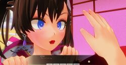 3d blue_eyes brown_hair crossed_eyes dialogue expressionless female_only femdom femsub hypnotized_hypnotist japanese_clothing kamen_writer_mc kimono mc_trap_town multiple_girls multiple_subs screenshot text twintails