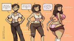  ahoge ass ass_expansion before_and_after bimbofication brain_drain breast_expansion breasts brown_hair english_text feminization femsub gradient_background hair_growth large_ass large_breasts lip_expansion long_hair looking_at_viewer malesub midriff navel short_hair signature simple_background socks speech_bubble tagme tailblazer text transformation transgender 