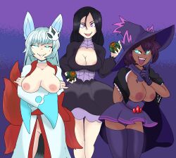  anno_(anno) bare_breasts black_hair breasts cosplay drool empty_eyes evil_smile fae_(faetomi) faetomi female_only femdom femsub fox_ears fox_girl fox_tail froslass glowing glowing_eyes happy_trance hat hex_maniac kitsune_girl large_breasts long_hair looking_at_viewer magic mina_morgan_(somebodyiusedtohypno) mismagius mole nintendo open_mouth original pokeball pokemon purple_eyes short_hair smile smug topless witch witch_hat 