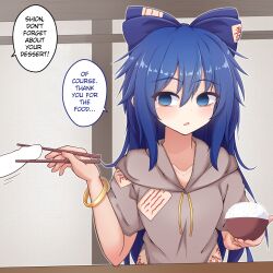  absurdres altered_perception blue_eyes blue_hair blush bow bracelet censored collarbone dialogue empty_eyes food guilegaze_(manipper) jewelry long_hair manip open_mouth penis shion_yorigami siw0n text touhou unaware 