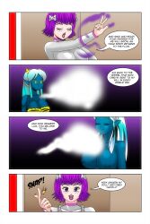 alien_girl bare_shoulders bikini bikini_top bow brown_eyes cleavage closed_eyes comic dialogue doll_joints dollification erect_nipples expressionless femdom femsub freckles horns kimberly_smith_(daveyboysmith9) large_breasts long_hair lum magic multicolored_hair oni_girl original purple_hair purple_lipstick short_hair smile soul_removal text topless urusei_yatsura wadevezecha