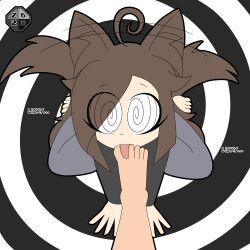  ahoge animal_ears barefoot brown_hair deejay_(zombi62) eyebrows_visible_through_hair feet female_only femdom femsub foot_licking foot_worship hair_covering_one_eye happy_trance jacket kaede_(skecchyartist) kneeling long_hair original pants shirt spiral_background spiralwash_eyes tail text tongue tongue_out zombi62 