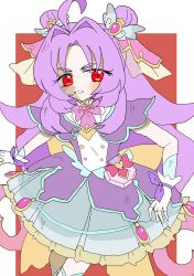  ahoge akasacana corruption cure_answer dress female_only femsub fingerless_gloves hair_buns heart long_hair magical_girl precure purple_hair red_eyes ribbon unhappy_trance 