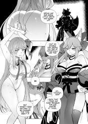  absurdres androgynous_dom arms_above_head ass ass_focus bare_legs bare_shoulders bb_(fate/extra_ccc) blush breasts cleavage comic dialogue english_text fate/extra_ccc fate/grand_order fate_(series) femsub fox_girl from_behind greyscale hand_on_hip hyoui_lover large_breasts legs leotard long_hair magic possession restrained speech_bubble sweat swimsuit tagme tamamo_no_mae text thighhighs thighs 