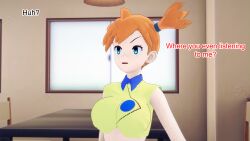 angry blue_eyes clothed crop_top dialogue misty mustardsauce orange_hair pokemon pokemon_(anime) text