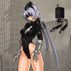  absurdres alternate_costume arm_bands blindfold bodysuit bracers breasts capcom corruption enemy_conversion female_only gauntlets hat leotard nier_automata pantyhose robot robot_girl shadaloo_dolls simple_background solo square_enix street_fighter sword tie victoriamikoto watermark weapon white_hair yorha_no._2_type_b 