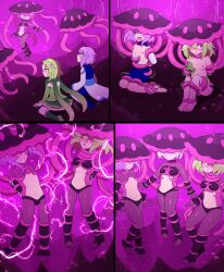  absurdres androgynous_dom arms_behind_back barefoot breasts character_request electricity enemy_conversion femdom femsub floating green_hair hypnotic_creature hypnotized_dom jellyfish lazzysin malesub midriff multiple_doms multiple_girls multiple_subs navel nipples original possession purple_hair restrained sequence short_hair tagme tentacles torn_clothes transformation white_hair 