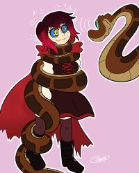 absurdres boots cape coils disney dress femsub happy_trance hypnotic_eyes kaa kaa_eyes multicolored_hair penken red_hair ruby_rose rwby simple_background snake the_jungle_book