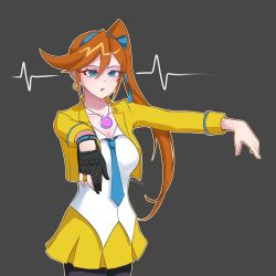  ace_attorney athena_cykes blue_eyes cleavage cleavage_cutout clothed collarbone dress earrings empty_eyes female_only femsub fingerless_gloves gloves hair_band jacket long_hair necklace orange_hair side_ponytail signature simple_background solo spiral tagme zires zombie_walk 