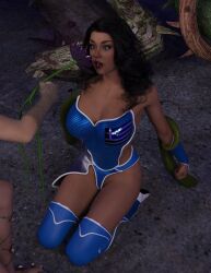 3d aegea_(scarecrow9) aware barefoot black_hair blue_eyes breasts cleavage expressionless femdom femsub high_heels huge_breasts hypnotized_dom hypnotized_hypnotist king_of_thorns kneeling leotard long_hair member9 open_mouth red_lipstick super_hero thighhighs