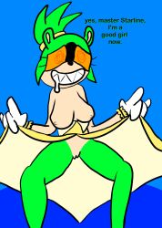  absurdres bare_legs bottomless breasts dialogue dress_lift drool feminization femsub furry gloves green_hair green_skin nipples open_clothes orange_eyes pussy sharp_teeth short_hair simple_background smile sonic_the_hedgehog_(series) spiral spiral_eyes spread_legs surge_the_tenrec tcross text topless 