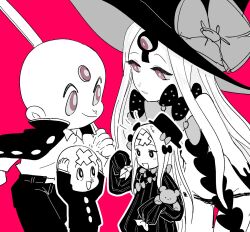  abigail_williams alternate_costume bald bare_shoulders before_and_after black_hair blush corruption crossover cthulhu dress eldritch eye_color_change fate/grand_order fate_(series) femsub hat hosuke_sharaku jacket malesub monochrome norio_111 open_mouth panties pants possession purification red_background red_eyes simple_background smile staff stuffed_animal tape the_three-eyed_one third_eye underwear very_long_hair witch_hat yog-sothoth 