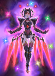  alternate_costume armor ass aura black_hair black_sclera boots breasts cleavage corruption cosplay crystal evil_smile fingerless_gloves fire_emblem fire_emblem_engage floating gem_corruption gloves glowing glowing_eyes happy_trance horns leebigtree looking_at_viewer midriff nel_(fire_emblem) nintendo open_mouth opera_gloves possession red_eyes short_hair smile sombron_(fire_emblem) thighhighs thighs 