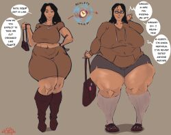  alternate_costume bbw before_and_after black_hair breasts chubby clothed dialogue fat female_only femsub glasses huge_breasts humor instant_loss maledom meme moessins multiple_views nerd nerdification original solo text transformation weight_gain 