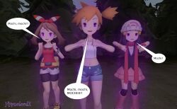 3d aura blue_hair boots bow brown_hair chicken_pose dawn dialogue empty_eyes female_only femsub glowing happy_trance hat hypnolordx mantra may midriff misty mochi_dance nintendo orange_hair pokemon pokemon_diamond_pearl_and_platinum pokemon_let&#039;s_go pokemon_omega_ruby_and_alpha_sapphire purple_eyes shoes shorts skirt source_filmmaker speech_bubble text 