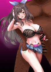  absurdres armpits balls blush bra breasts brown_hair censored cleavage clothed clothed_exposure condom condom_accessories crotch_tattoo dark_skin earrings erect_nipples erect_nipples_under_clothes eyebrows_visible_through_hair eyelashes eyeshadow femsub glowing gradient_background hair_ribbon handjob heart huge_breasts jewelry kogane_tsukioka large_penis leopard_print light_skin lipstick long_hair long_nails makeup maledom midriff nail_polish navel nipples open_mouth panties penis perianist pink_eyes ponytail ribbon short_skirt simple_background skirt skirt_lift tattoo the_idolm@ster the_idolm@ster:_shiny_colors thighs tongue underwear 