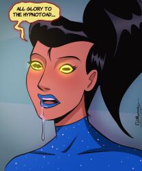 animated animated_eyes_only animated_gif black_hair blue_lipstick blueshift_(polmanning) dialogue drool female_only femsub futurama glowing_eyes hypnotoad open_mouth original polmanning ponytail short_hair solo speech_bubble super_hero text tongue yellow_sclera