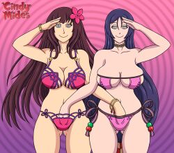 bikini breasts cleavage cmides fate/grand_order fate_(series) female_only femsub fingering happy_trance large_breasts long_hair looking_at_viewer milf minamoto_no_raikou navel purple_hair saluting scathach_(fate/grand_order) smile spiral_eyes standing swimsuit symbol_in_eyes watermark