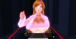 3d beam breasts brown_hair covering custom_maid_3d_2 dialogue earrings femsub jewelry kamen_writer_mc large_breasts lipstick long_hair makeup open_mouth pen_light rika_(made_to_order) spiral_eyes surprised symbol_in_eyes text translated