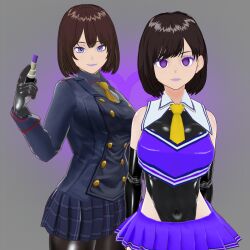  1q001 3d bare_shoulders breasts brown_hair cheerleader empty_eyes expressionless female_only femdom femsub gloves grey_background leotard makeup midriff multiple_girls opera_gloves original pantyhose purple_eyes purple_lipstick short_hair skirt super_sentai symbol tie tight_clothing vroid 