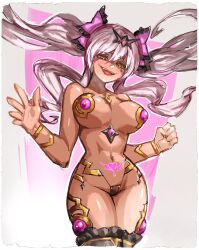 alternate_color_scheme alternate_costume alternate_hair_color bangs bare_shoulders blush bow cherry_(ts_mahou_shoujo_nao!) crotch_tattoo cuffs empty_eyes evil_smile female_only femsub hair_ornament happy_trance jewelry large_breasts micro_bikini navel pasties pink_background pink_hair shooow17 simple_background smile solo tan_skin tattoo thigh_boots thighhighs ts_mahou_shoujo_nao! twintails white_background yellow_eyes