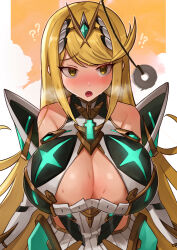 absurdres bare_shoulders blonde_hair blush breasts breath cleavage clothed coin confused female_only femsub large_breasts long_hair mythra_(xenoblade) nintendo open_mouth pendulum spiral_eyes sweat symbol_in_eyes xenoblade_chronicles xenoblade_chronicles_2 yellow_eyes yotsuhauni