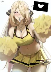 blonde_hair blush breasts cheerleader cleavage condom condom_in_mouth cynthia eroborne eyebrows_visible_through_hair female_only femsub grey_eyes hair_covering_one_eye hair_ornament heart heart_eyes looking_at_viewer midriff navel necklace nintendo pokemon pokemon_diamond_pearl_and_platinum pov short_skirt signature simple_background skirt smile solo speech_bubble symbol_in_eyes thighs very_long_hair white_background