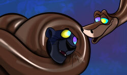 absurdres animals_only bagheera bondage coils dialogue disney happy_trance hypnotic_eyes kaa kaa_eyes male_only maledom malesub milk_garden panther_boy smile snake text the_jungle_book